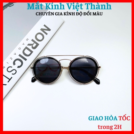 Kính mát dáng tròn viền kim loại 2 cầu với tròng phân cực Polaroid cao cấp Mắt Kính Việt Thành