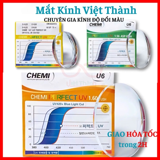 Chính hãng HQ Tròng kính chemi U6 chống ánh sáng xanh Mắt Kính Việt Thành 1.60